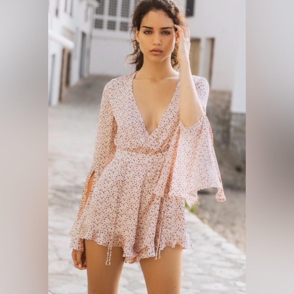 RUNAWAY The Label Blush Pink Polka Dot Romper